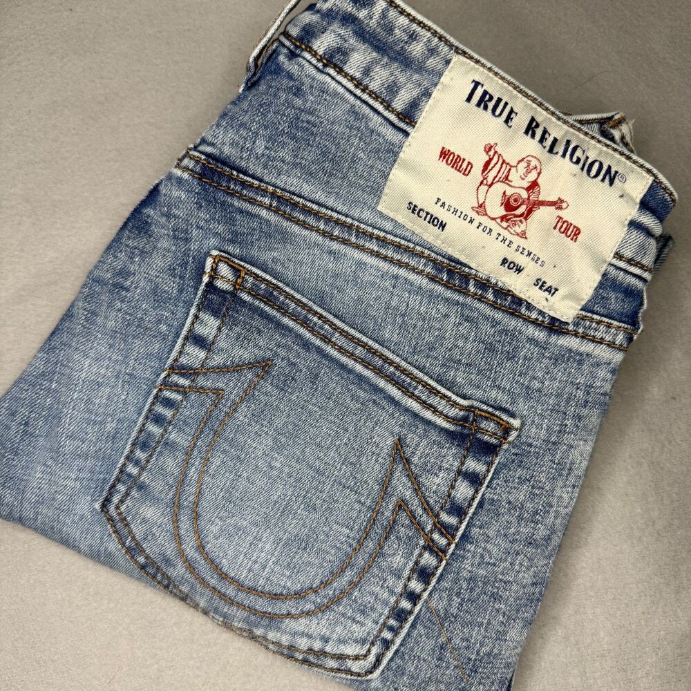 True Religion Jennie Curvy Mid Rise Skinny Jeans 27 Light Wash Smiley Patch